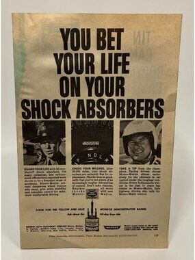 Monroe Shock Absorbers Vintage Print Ad 1960s Auto Racing Law Enforcement